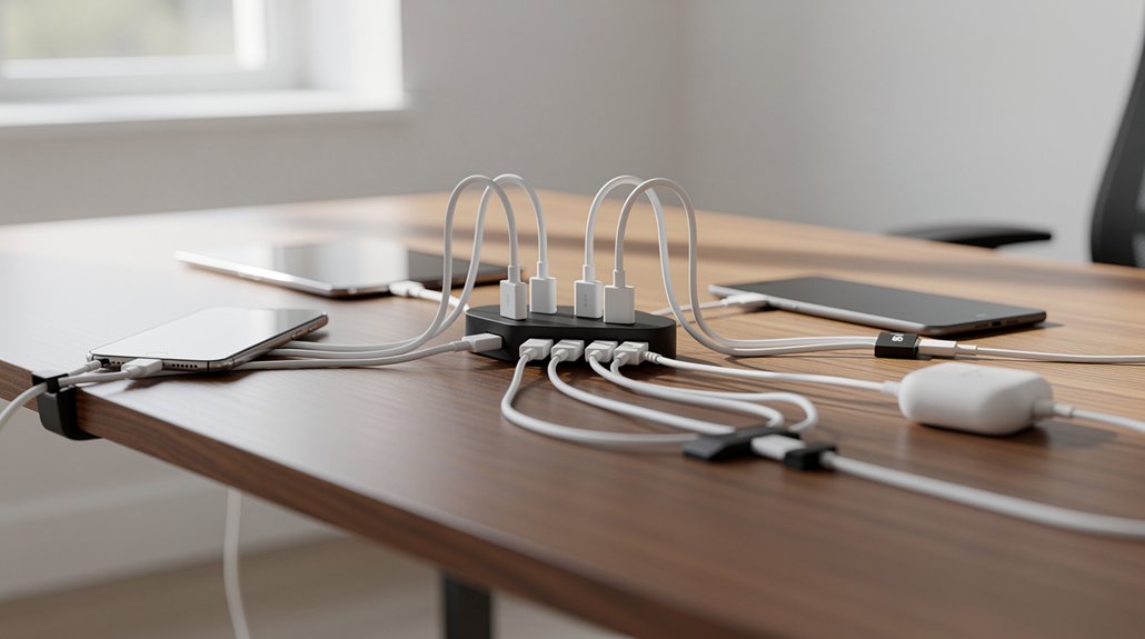 mounted under desk power strip labeled tethers