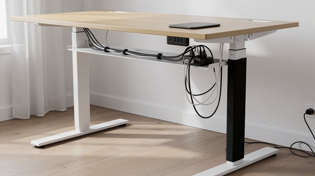 under desk tray fold down panel pass throughs concealed cords